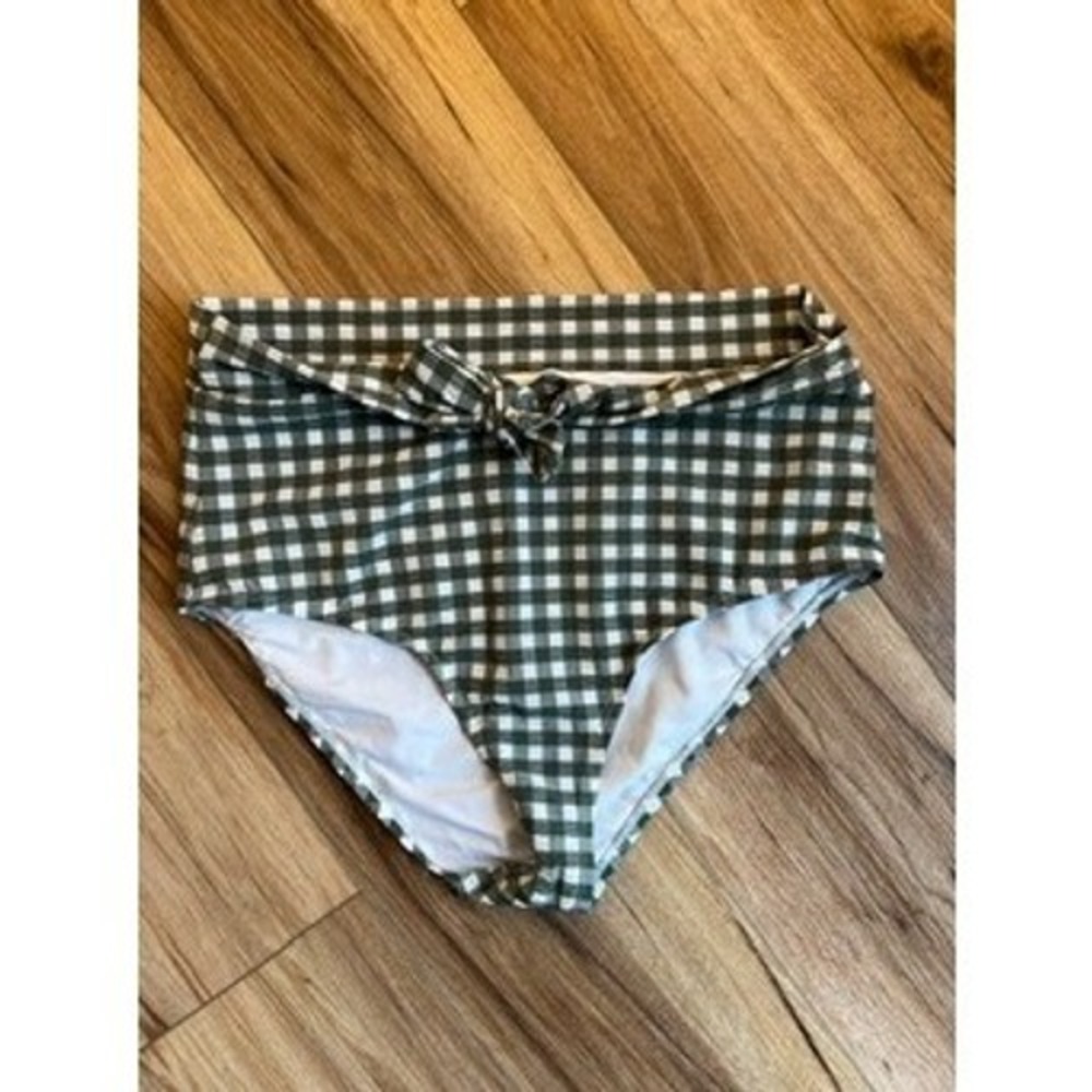 Gianni Bini Olive Green Gingham High Waisted Bikini Bottoms XL Retro 50s Cottage